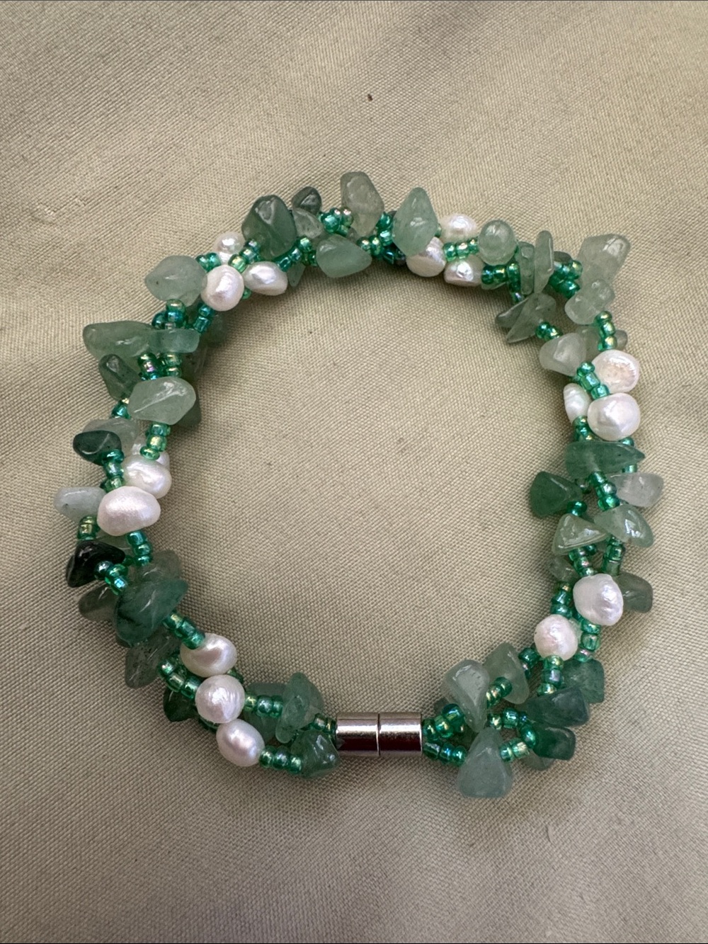 Boho Green Aventurine Chip & Freshwater Pearl Multi-Strand Twisted Bracelet